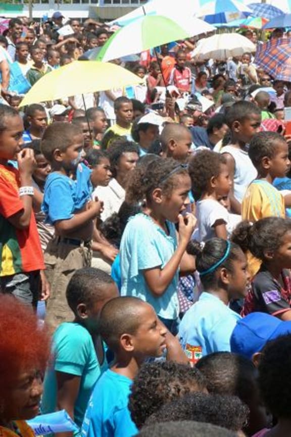 The crowd at the Fiji First rally in Suva listens to speakers.