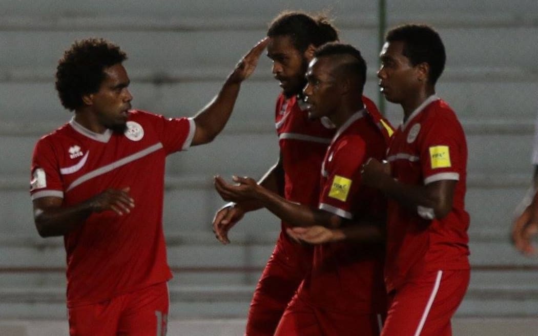 New Caledonia celebrate a goal against Fiji.