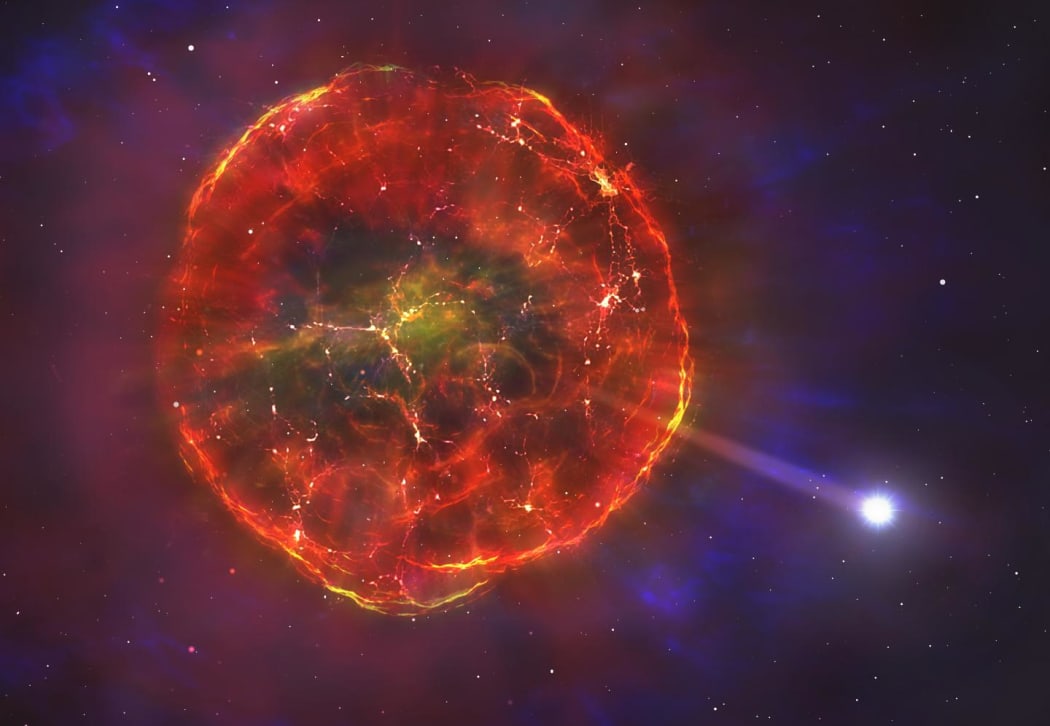 The material ejected by the supernova will initially expand very rapidly, but then gradually slow down, forming an intricate giant bubble of hot glowing gas. Eventually, the charred remains of the white dwarf that exploded will speed out onto its journey across the Galaxy.