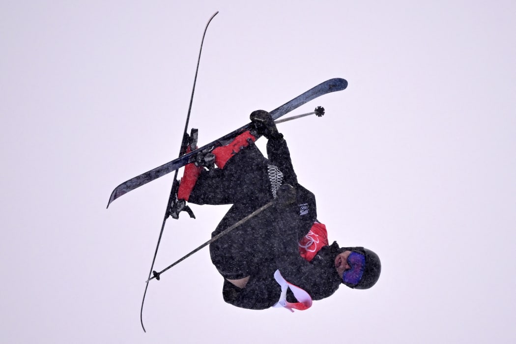 New Zealand's Miguel Porteous competes in the freestyle skiing men's freeski halfpipe qualification run during the Beijing 2022 Winter Olympic Games on February 17, 2022.