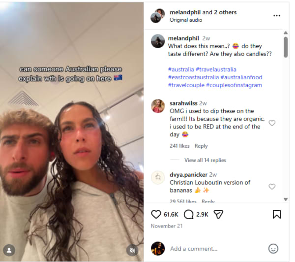 Travellers Mel Chekaoui and Phil Colia have gone viral with a video about bananas in Australia.