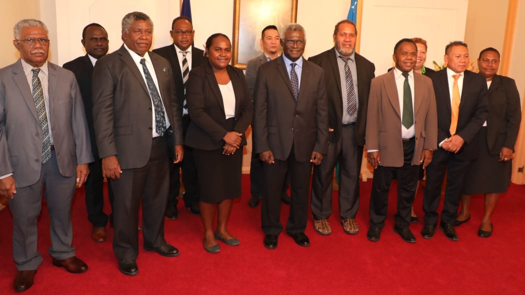 Solomon Islands prime minister Manasseh Sogavare (centre front) flanked by newly sworn in ministers and other members of his cabinet. April 2020