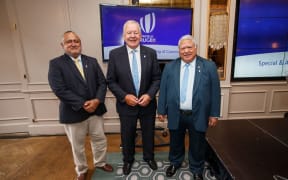 Fiji Rugby Union Chair Francis Kean, World Rugby Chair Bill Beaumont and Samoa Rugby Union Chair and PM, Tuilaepa Sailele Malielegaoi