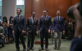 From left to right Kwok Ka-ki, Kenneth Leung, Alvin Yeung and Dennis Kwok meet the press in Legco just moments after their disqualifications were announced on Nov 11, 2020.