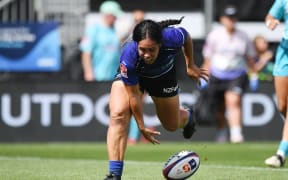 nib Blues player Sylvia Brunt scores a try during the Super Rugby Aupiki women’s rugby union match nib Blues v Matatu.