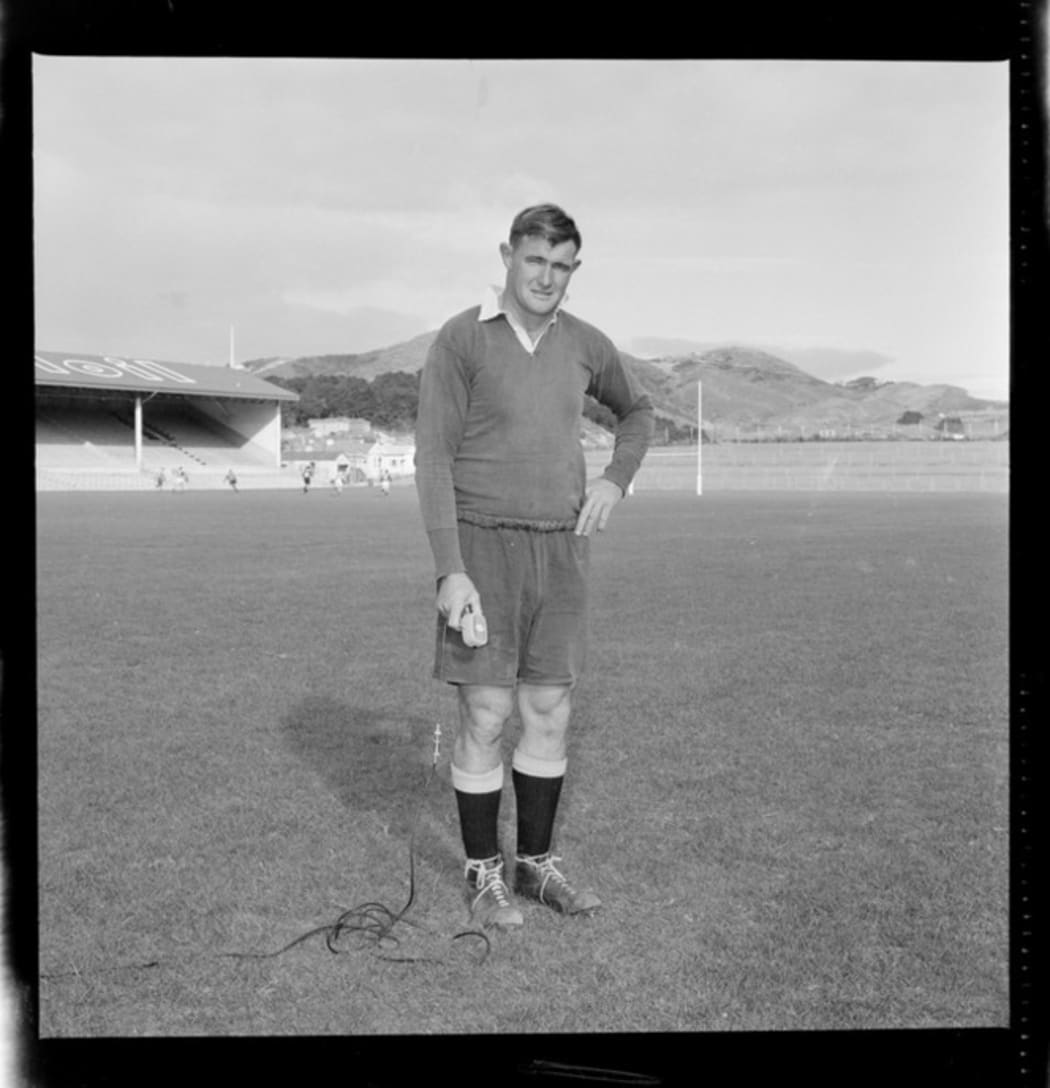 All Black Peter Jones on Athletic Park Rugby Ground, Wellington, 1960.