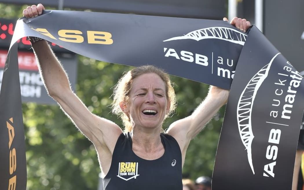 Wellington's Katie Kemp after winning the women's Auckland Marathon