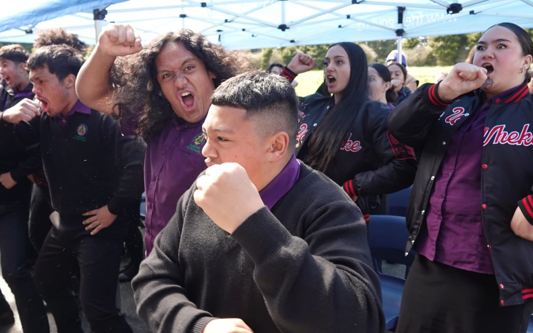 Students from Te Kura Kaupapa Māori o Kaikohe perform a haka. Photo: Peter de Graaf / RNZ