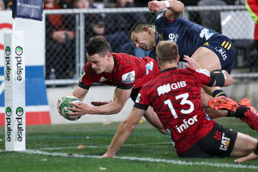 Will Jordan try. Highlanders v Crusaders. Super Rugby Aotearoa. Forsyth Barr Stadium, Saturday 4 July 2020. Â© Copyright image by Martin Hunter / www.photosport.nz