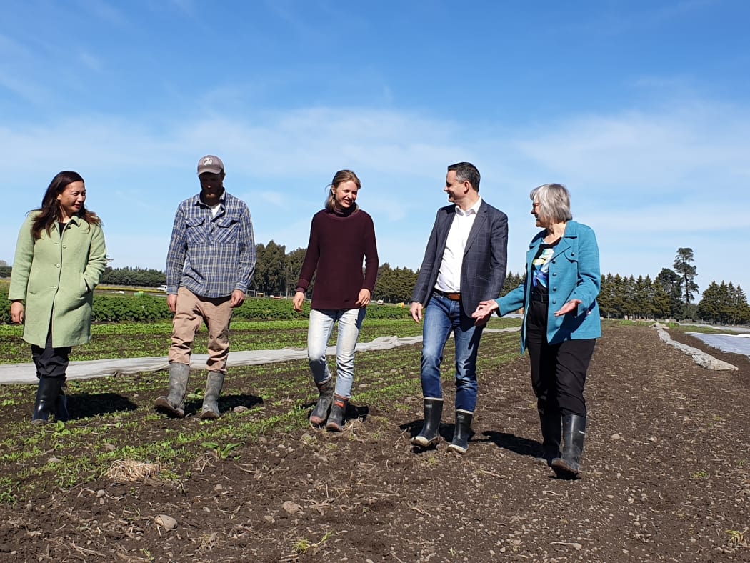 Green Party co-leaders Marama Davidson and James Shaw along with environment spokesperson Eugenie Sage being shown around by Logan Kerr and Dominique Schacherer on an organic farm in Leeston on 12 September, 2020.