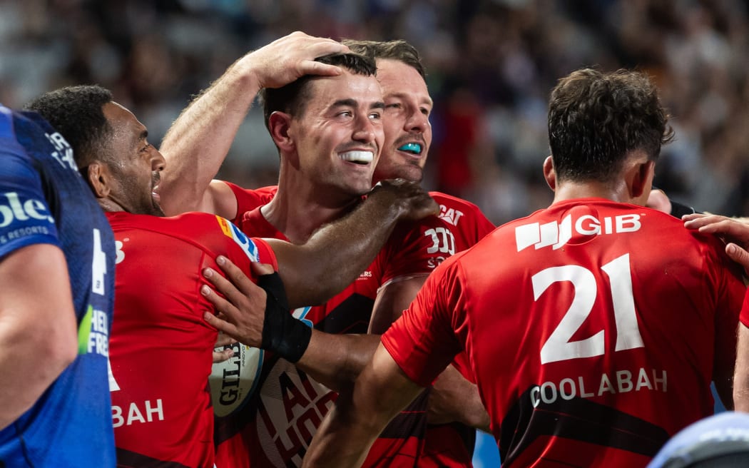 Crusaders fullback Will Jordan celebrates a try.