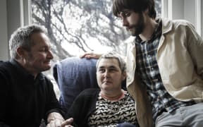 22082016 Photo: Rebekah Parsons-King. L-R Max Kelly (Helen's brother) Helen Kelly and Dylan Kelly (Helen's son).