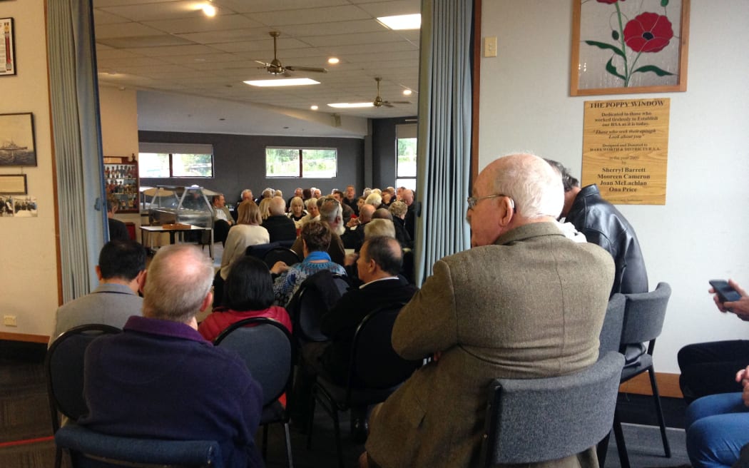The crowd at the Warkworth RSA to hear  National leader Simon Bridges speak went right out the door.