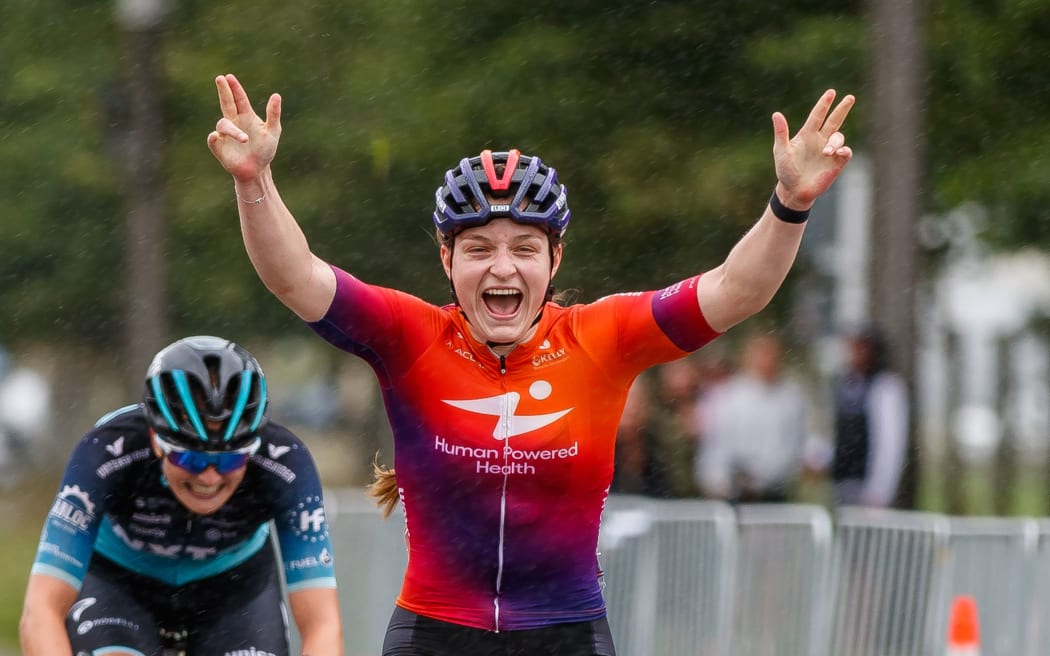 Olivia Ray wins the elite women race during the Road Race at the Elite Road Cycling National Championships in Cambridge, 2022