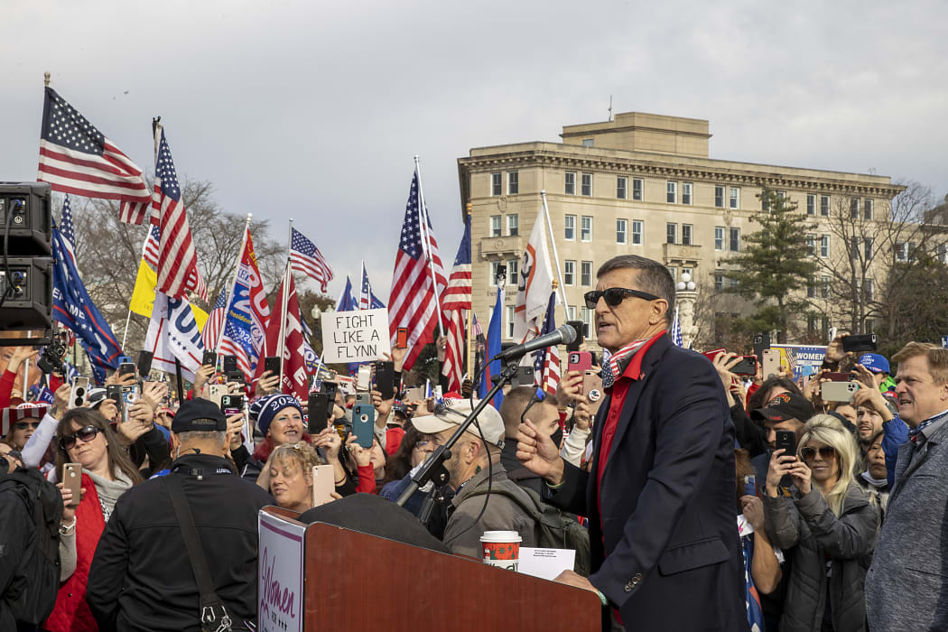 Former General Michael Flynn, President Donald Trumps recently pardoned national security adviser, speaks during a protest of the outcome of the 2020 presidential election outside the Supreme Court on December 12, 2020 in Washington, DC.