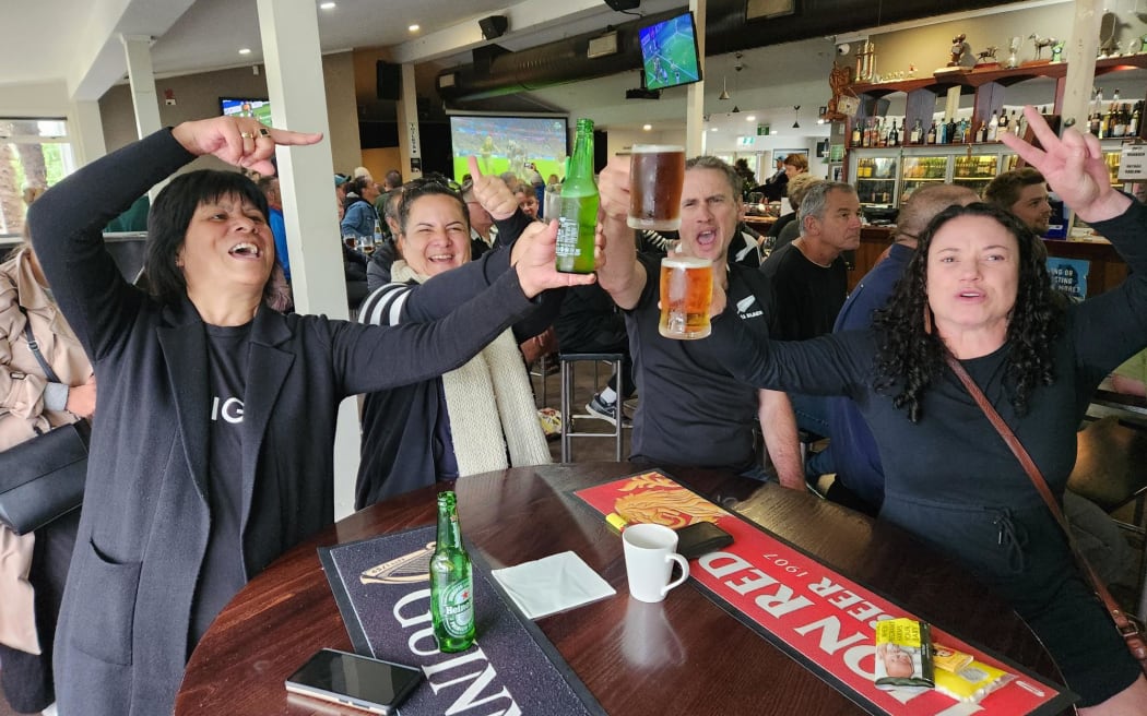 Celebrations at the Homestead Sports Bar in Kerikeri as the All Blacks finally have a try allowed during their Rugby World Cup final match against the Springboks.