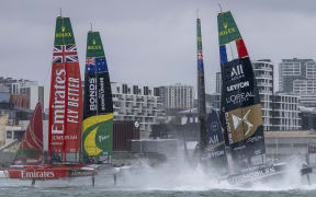 The Black Foils SailGP Team helmed by Peter Burling collide with the DS Automobiles SailGP Team France helmed by Quentin Delapierre whilst in action on Race Day 1 of the ITM New Zealand Sail Grand Prix in Auckland, New Zealand. Saturday 14 February 2026. Rolex SailGP Championship Event 2 2026 Season. Photo: Felix Diemer for SailGP. Handout image supplied by SailGP