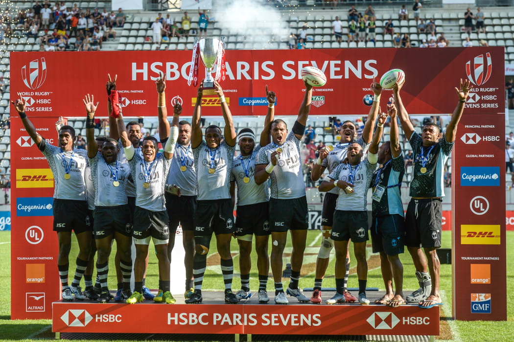 Fiji celebrate winning the Paris Sevens and the World Series title.