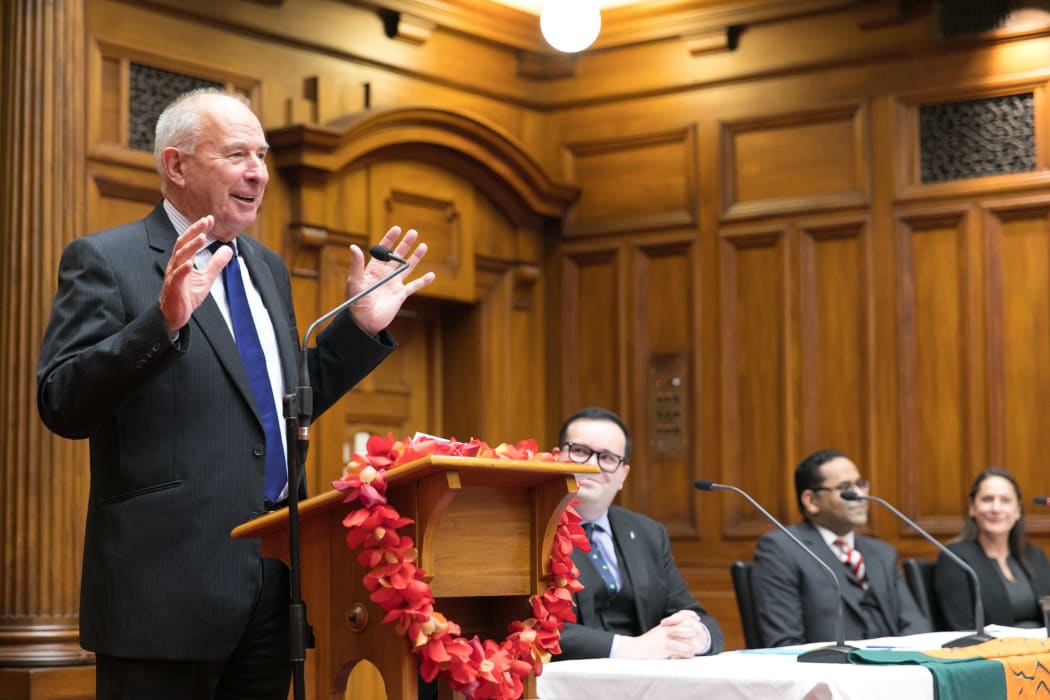 Sir Don McKinnon delivers his lecture  'Dark Clouds Over Democracy' as part of the Commonwealth Parliamentary Association Lecture series, in Wellington, 2 May 2017.