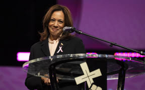 US Vice President and Democratic presidential candidate Kamala Harris speaks during a church service at New Birth Missionary Baptist Church in Stonecrest, Georgia, October 20, 2024. (Photo by CHRISTIAN MONTERROSA / AFP)