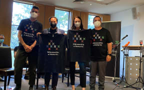 Jacinda Ardern and Kiri Allan with T shirts with new Matariki logo