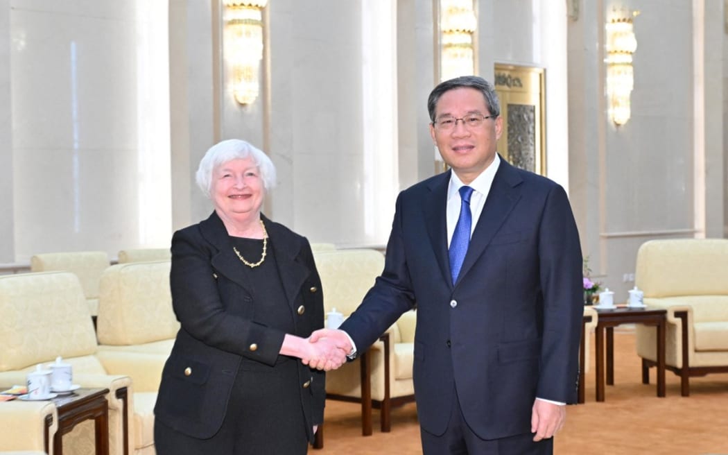 (230707) -- BEIJING, July 7, 2023 (Xinhua) -- Chinese Premier Li Qiang meets with U.S. Treasury Secretary Janet Yellen at the Great Hall of the People in Beijing, capital of China, July 7, 2023. (Xinhua/Yue Yuewei) (Photo by Yue Yuewei / XINHUA / Xinhua via AFP)