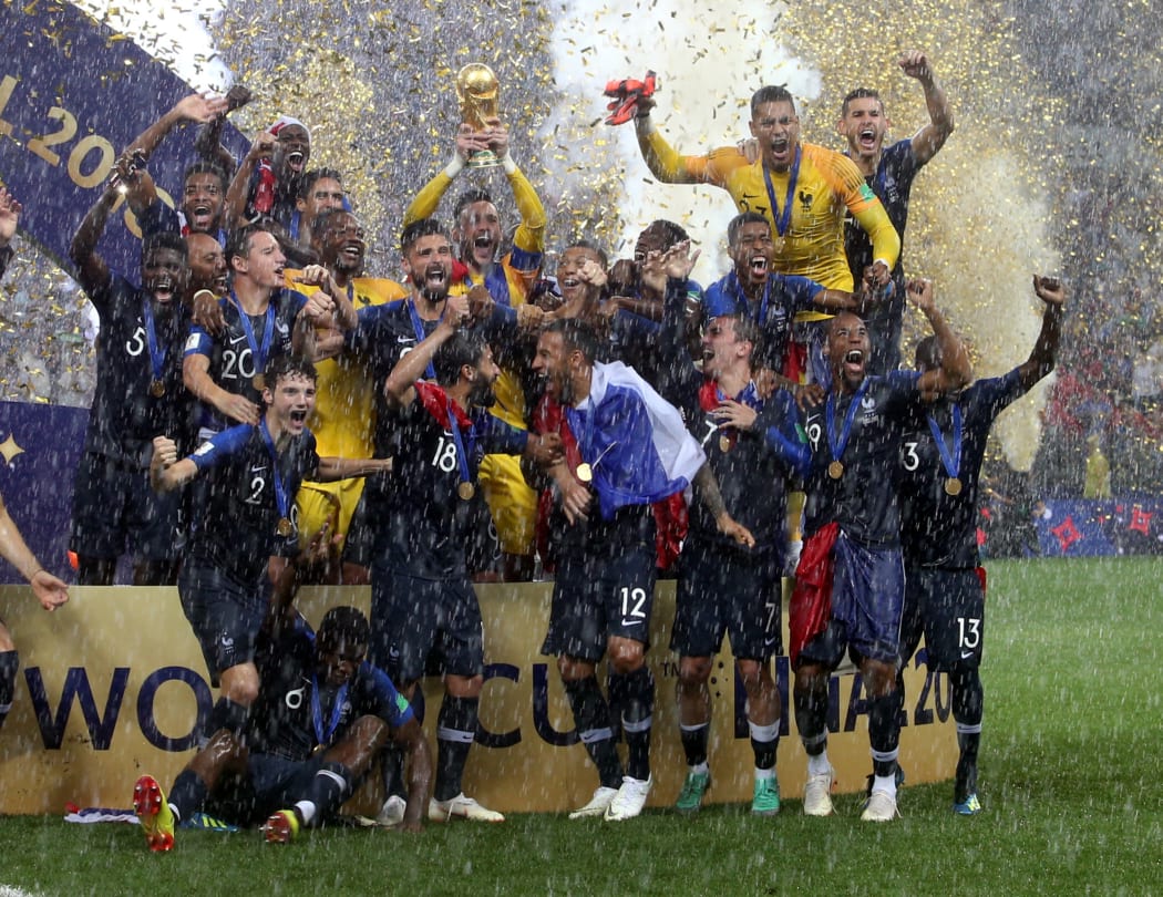 France celebrating their 4-2 win against Croatia in the FIFA World Cup final.