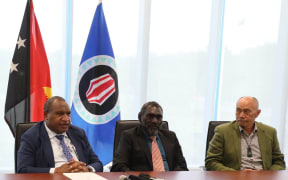 Former New Zealand governor general Sir Jerry Mateparae, right, with PNG Prime Minister James Marape, and Bougainville President Ishmael Toroama in Port Moresby. 3 October 2024