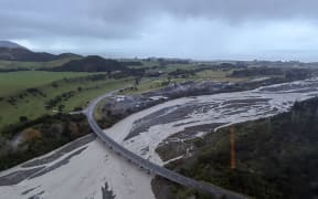 Pictures taken from a helicopter on 8 July 2026 of flooding in the Kaikōura region.