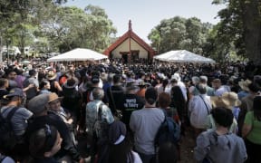 Manuhiri (visitors) listen to speeches at Waitangi Marae 5 February 2024