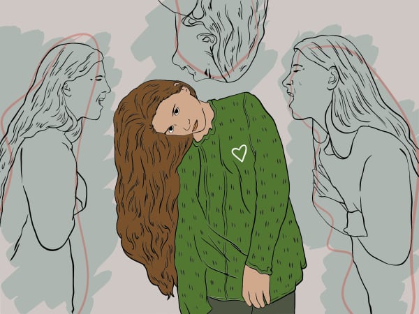 Illustration of a sad woman being manipulated by many voices around her head.