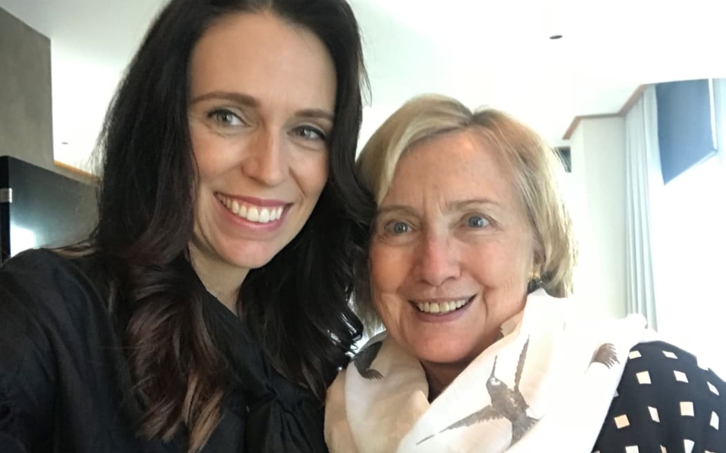 Jacinda Ardern and Hillary Clinton take a selfie