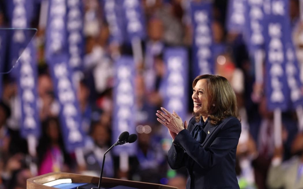 US Vice President and 2024 Democratic presidential candidate Kamala Harris arrives to speak on the fourth and last day of the Democratic National Convention (DNC) at the United Center in Chicago, Illinois, on August 22, 2024. Vice President Kamala Harris will formally accept the party’s nomination for president today at the DNC which ran from August 19-22 in Chicago. (Photo by CHARLY TRIBALLEAU / AFP)