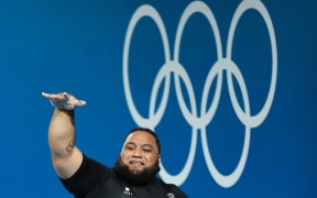 David Liti (NZL) gestures after competing in the Clean & Jerk discipline in the +102kg category of the Men's Weightlifting at South Paris Arena 6 during the 2024 Paris Olympics - Paris, France on Saturday 10 August 2024. (Photo: Simon Stacpoole / www.photosport.nz)