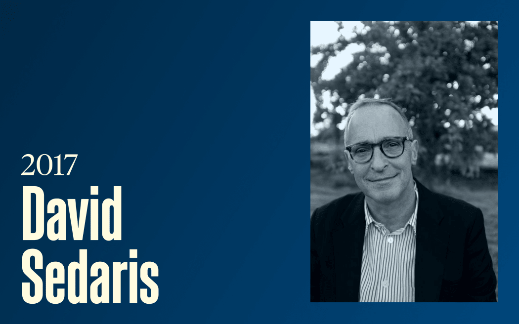 A photo of a smiling man with glasses (David Sedaris), text reads "2017, David Sedaris"