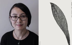 Grace Yee on the left hand side next to the cover of her book Chinese Fish.