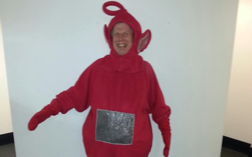 Simon Bird dressed as a Teletubby.
