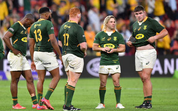 Springboks players react after losing to the Wallabies 2021.