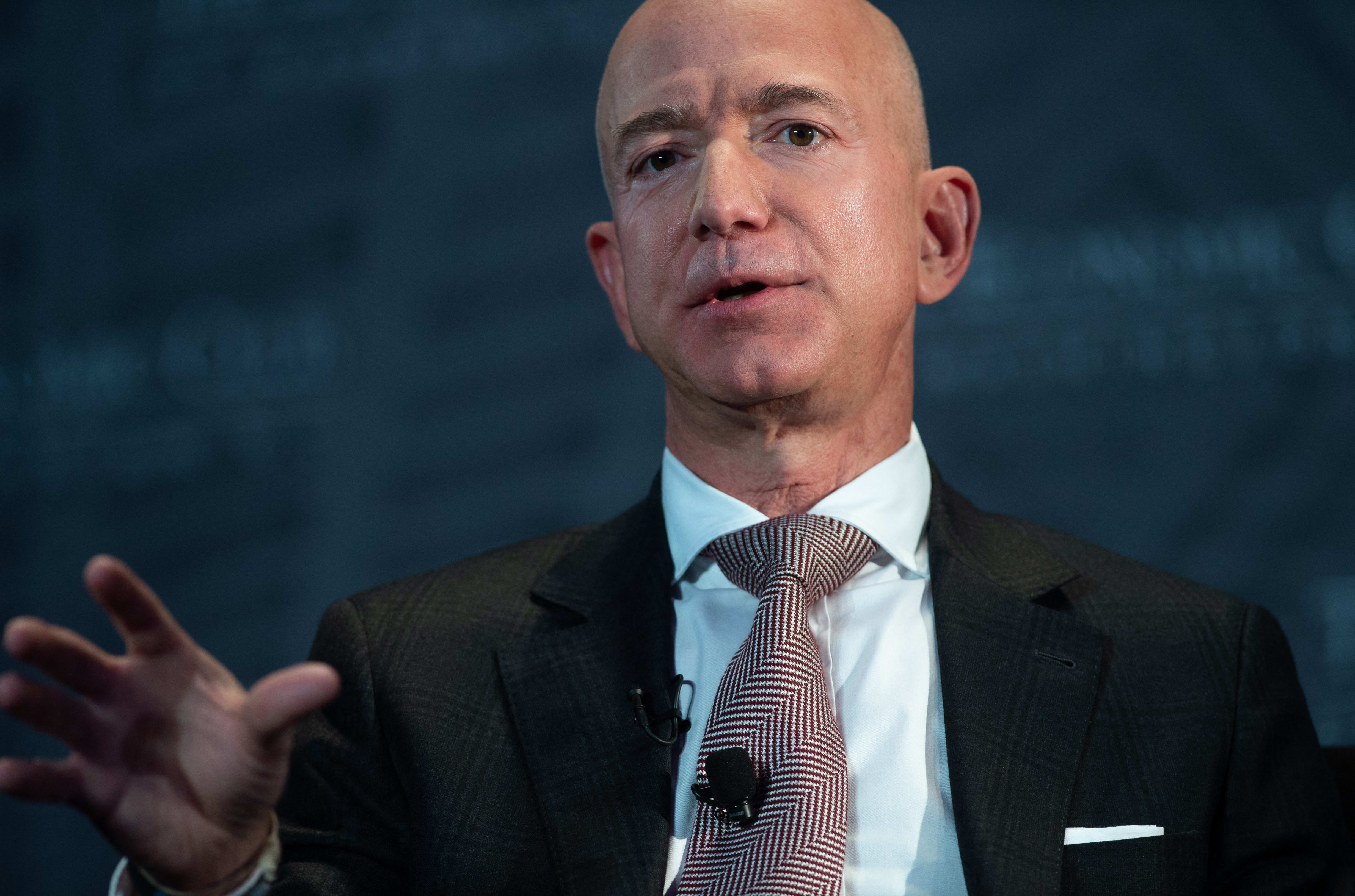 Jeff Bezos pictured in September 2018 speaking during the Economic Club of Washington's Milestone Celebration event in Washington, DC.