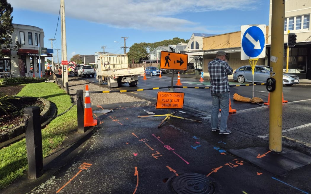 Roadworks on Onehunga Mall Road, July 2024.