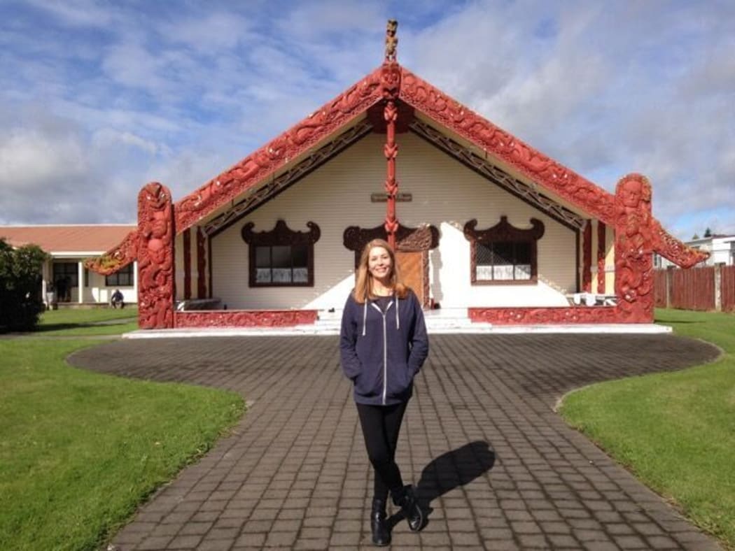 Jennifer Ward-Lealand in front of a marae