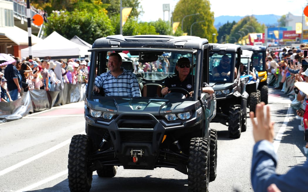 Rural Communities Minister Mark Patterson (left), taking part in The Great New Zealand Muster, in Te Kūiti, on 29 March, 2025.
