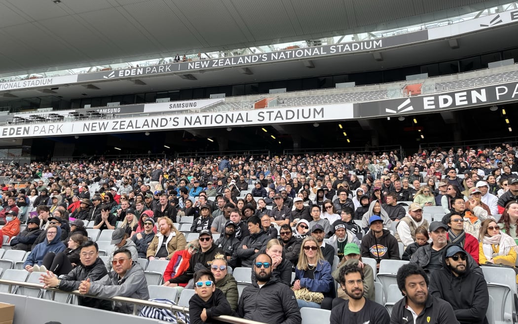Rugby fans gather at Eden Park in Auckland to watch the 2023 Rugby World Cup final between the All Blacks and the Springboks at Stade de France.