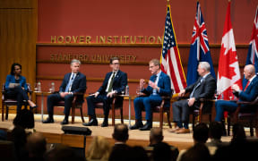 (left to right) Former US Secretary of State, Condoleezza Rice; FBI Director Christopher Wray; MI5 Director General Ken McCallum; NZSIS Director-General Andrew Hampton; Canadian Security Intelligence Service Director David Vigneault; Australian Security Intelligence Organisation Director-General Mike Burgess. At the Emerging Technology and Securing Innovation Summit in Palo Alto, California, on October 16, 2023.