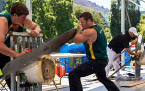 Jamie Head from Queensland (left) on his way to winning the individual ANZAXE Wood Chopping Trans Tasman title.