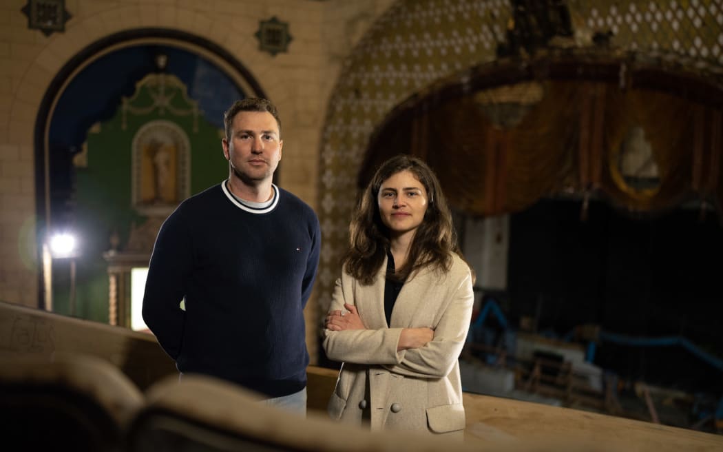 The owner of St James Theatre Steve Bielby and Auckland Central MP Chlöe Swarbrick who is supporting the fight to try and get the theatre restored.