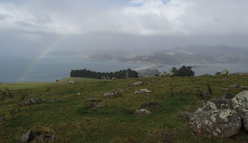 View south across Blueskin Bay from near the proposed wind farm site, with the settlement of Doctors Point scattered along the inlet's southern shoreline.