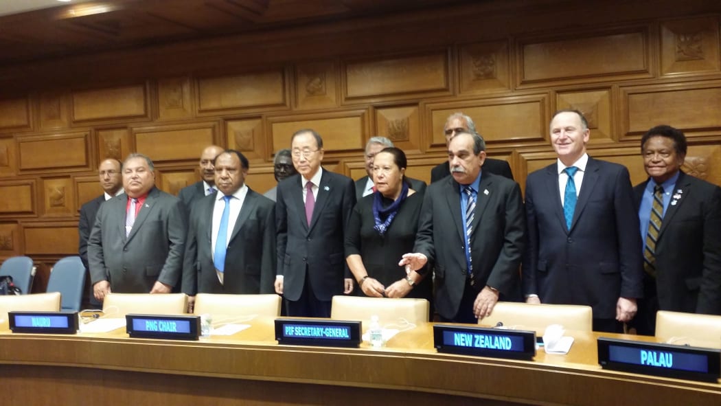 Pacific Islands Forum leaders at the UN.
Front row from left: Nauru president Baron Waqa, PNG foreign minister Rimbink Pato, UN secretary-general Ban Ki-moon, Pacific Forum sec-gen Dame Meg Taylor, Federated States of Micronesia president Peter Christian, New Zealand prime minister John Key.