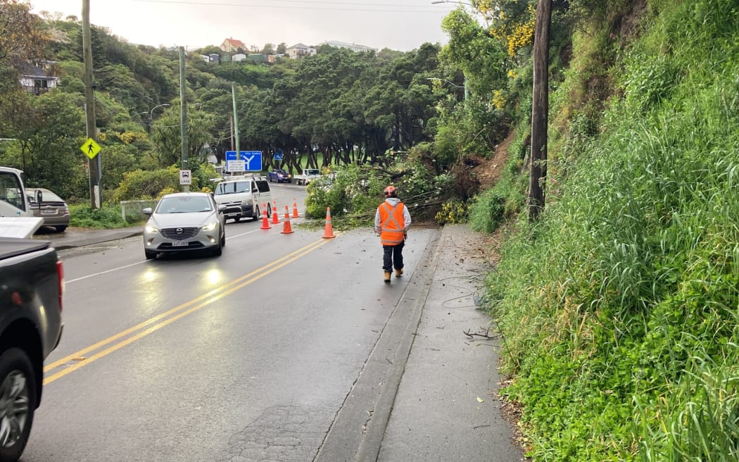 Chaytor Street in Karori, Wellington, was down to one lane after a slip fell on the road.