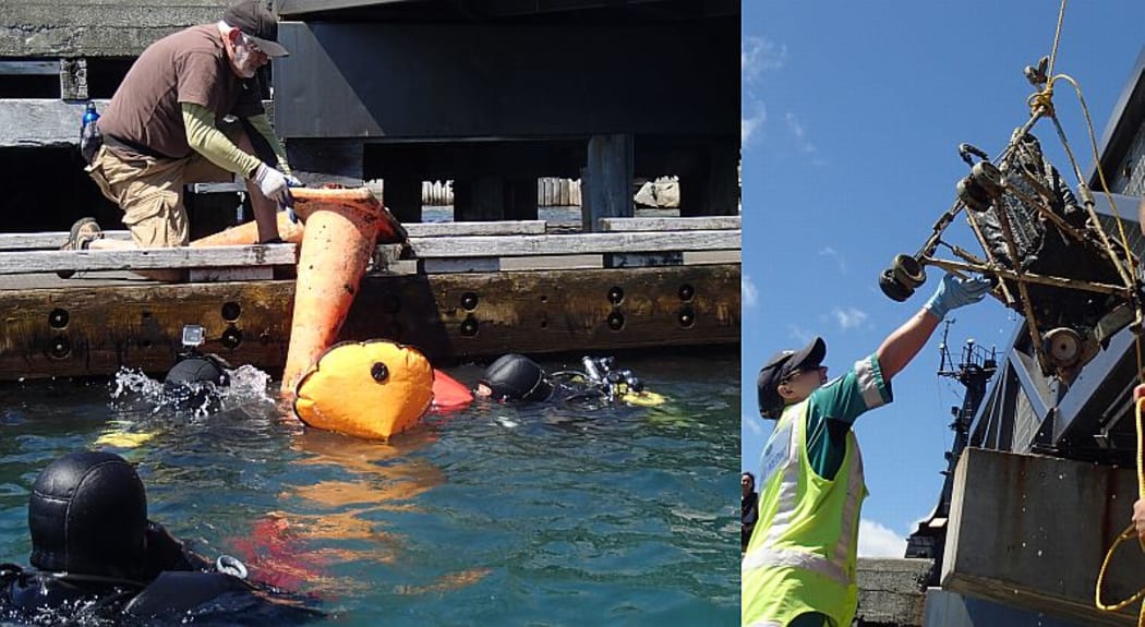 Divers hauled up a number of large objects, including more than a dozen road cones and a child's buggy.
